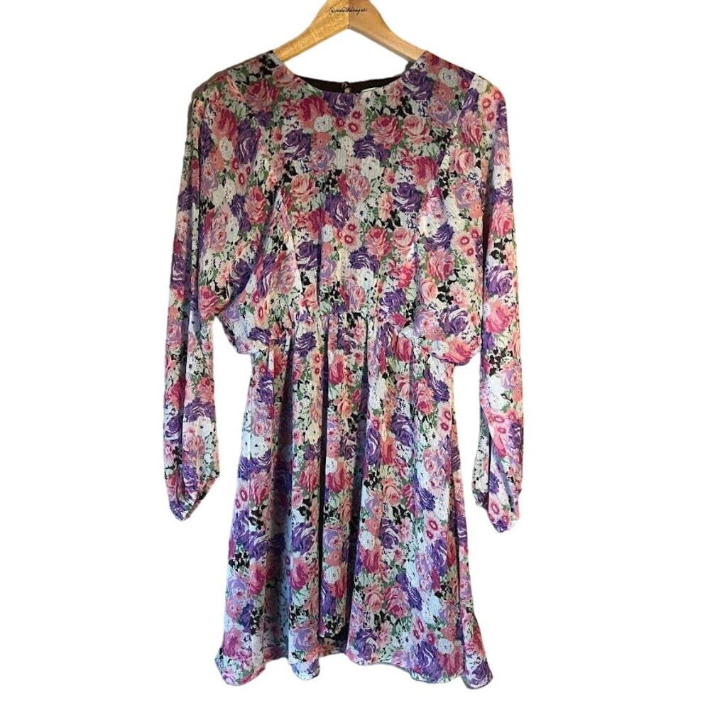 WAYF Spring Purple Long Sleeve Flutter All Over Mini Dress Size Small